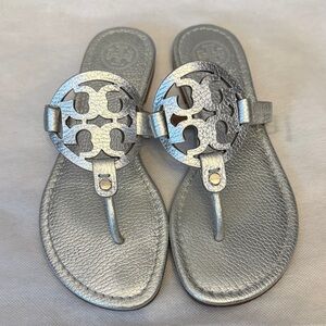 Tory Burch Pebbled Silver Miller Sandals - Like New!